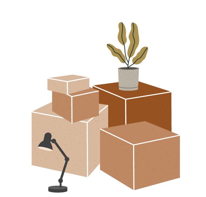 Illustration de cartons, d'une plante et d'une lampe